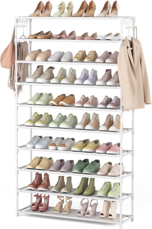 Photo 1 of 10 Tiers Shoe Rack 50 Pairs Large Capacity Tall Shoe Organizer Sturdy Shoe Storage with Two Hooks Space Saving Metal Wide Shoe Rack for Closet, Entryway, Bedroom, Black
