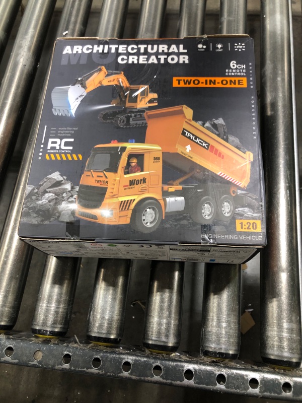 Photo 1 of MQDMINI Remote Control Excavator and Dump Truck Toy Set - RC Construction Vehicles Toy with Barricades, Road Signs, Simulated Rocks, Lights and Sounds, Present for Toddlers 3-12 Year Boys Girls