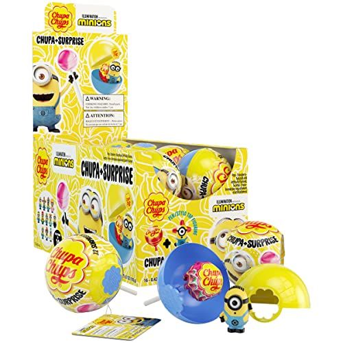 Photo 1 of 12 Pack - Chupa Chups Lollipops + Surprise Minions 16 Count Display Strawberry Flavor Lollipop Sucker and Minion Toy Collectible
