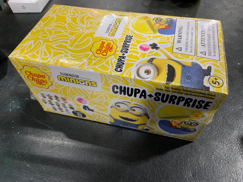 Photo 2 of 12 Pack - Chupa Chups Lollipops + Surprise Minions 16 Count Display Strawberry Flavor Lollipop Sucker and Minion Toy Collectible
