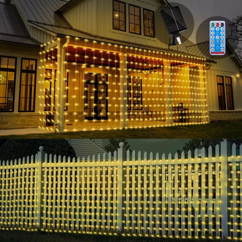 Photo 1 of 32.8 * 6.56FT Large Size Solar Curtain Lights Outdoor, 8 Modes Outdotring Icicle Lights, Solar Garden Christmas Lights Decortions for Patio, Gazebo, Eaves, Fence, Tree, Porch (Warm White) 