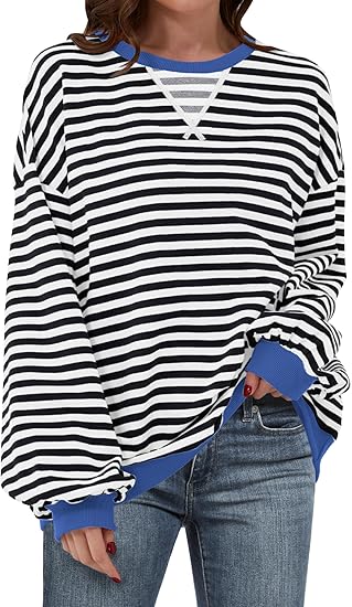 Photo 1 of ANRABESS Women Striped Oversized Sweatshirt Long Sleeve Crewneck Shirts 2025 Fall Fashion Pullover Sweater Trendy Clothes