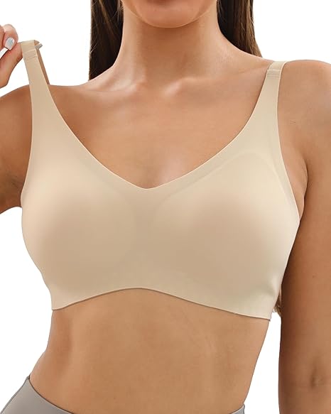 Niidor Women's Wireless Bra V-Neck Seamless Comfort Bra Full-Coverage Adjustable Straps