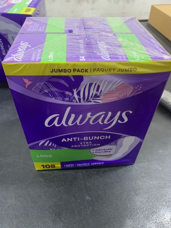 Photo 2 of Always Anti-Bunch Xtra Protection Daily Liners Long Unscented, Anti Bunch Helps You Feel Comfortable, 108 Count (Packaging May Vary)