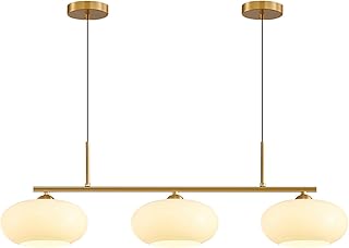 Photo 1 of Magiroz Modern 3 Light Pendant Lighting Gold Linear Dining Room Light Fixture Milk Glass Linear Chandelier Brass and White Pendant Lights Kitchen Island 3 Bulb Hanging Ceiling Light MPL17-3S GD