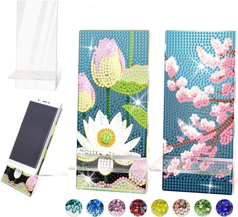 Photo 1 of 2 Pack Diamond Painting Phone Holder Kits, 5D Full Crystal Diamond Art Phone Holder& Mirror Craft Kits Gift for Beginner/Adult (Lotus and Cherry Blossom)
