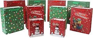 Photo 1 of 10-Pack Red Green Christmas Gift Bags Assorted Sizes with Handles(4 Large 13”, 4 Medium 10.6”, 2 Small 6.7”) Santa Claus, Snowman, Gift cart, Trees and Snowflake for Gifts, Decorations, Holiday Birthday, And Parties, 10 Pcs
