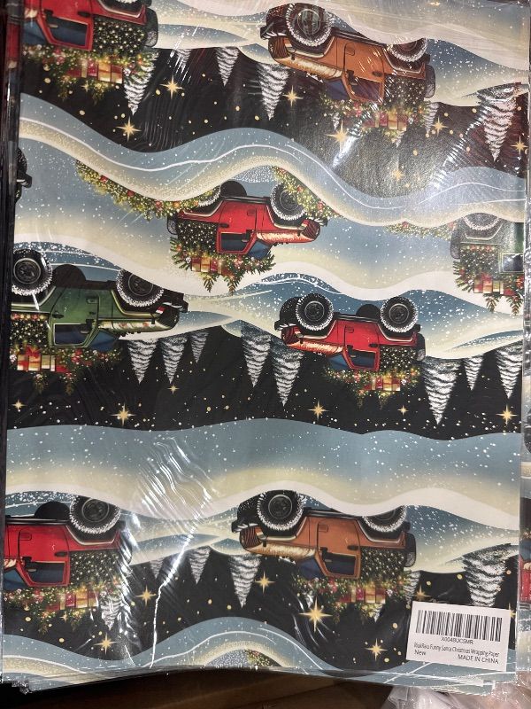 Photo 2 of RiukRaiu Funny Christmas Wrapping Paper for Kids Adults - Muscular Santa and Reindeer, Red/Green Rustic Trucks, Xmas Trees Designs - Holiday Gift Wrap with 6 Jumbo Sheets, 40 x 28 Inches Each