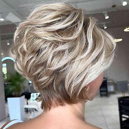 Photo 1 of Short Ombre Blonde Highlight Wig for White Women Pixie Cut Wig Fluffy Light Brown Mix Honey Blonde Highlight Layered Natural Side Part Curly Wigs Synthetic Pixie Cut Curtain Bangs Bob Wig
