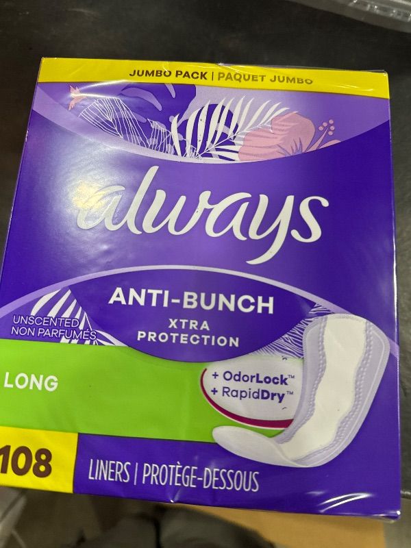 Photo 1 of Always Anti-Bunch Xtra Protection Daily Liners Long Unscented, Anti Bunch Helps You Feel Comfortable, 108 Count (Packaging May Vary)