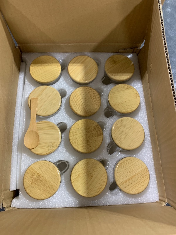 Photo 1 of Set of 12 Spice Jars Airtight Glass Jars with Bamboo Lids and Wood Spoons 6 oz Clear Glass Canisters Spice Containers Sugar Container for Kitchen Food Storage Organization Beans Tea Nuts