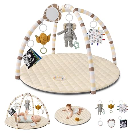 Photo 1 of Blissful Diary Baby Play Gym Mat, Tummy Time Activity Mat with 6 Detachable Toys for Stage-Based Sensory & Motor Skill Development, Easy to Install & Clean, Baby Essentials Gift, Sandy Beige