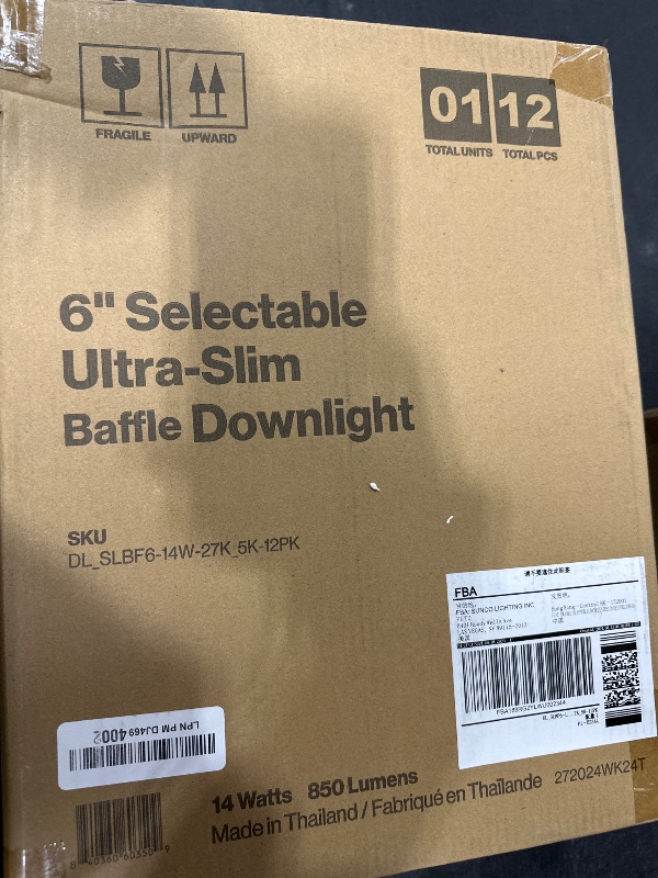 Photo 1 of Sunco 12 Pack 6 Inch Ultra Thin LED Recessed Ceiling Lights, Baffle Trim, Selectable CCT 2700K/3000K/3500K/4000K/5000K Dimmable 14W, Wafer Thin, Canless with Junction Box