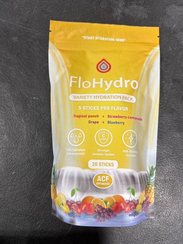 Photo 1 of FloHydro Electrolytes Powder | Low Sugar Hydration Packets | tropical punch, grape, strawberry-lemonade, blueberry | 20 Sticks