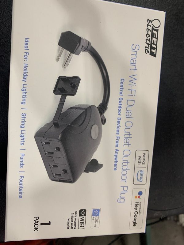 Photo 1 of Feit Electric Smart Outdoor Plug, WiFi Waterproof Plug, 2 Grounded Sockets, Works with Alexa and Google Assistant, App Controlled, 15 Amp Indoor/Outdoor 2 Outlet Plug, Black, Plug/WiFi/WP