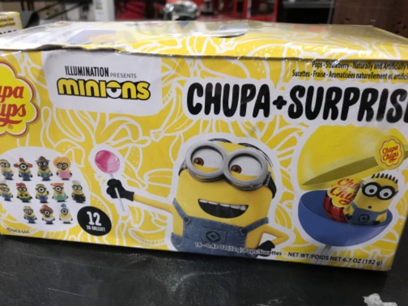 Photo 2 of 12 Pack - Chupa Chups Lollipops + Surprise Minions 16 Count Display Strawberry Flavor Lollipop Sucker and Minion Toy Collectible
