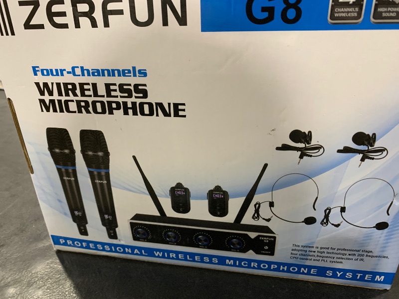 Photo 1 of ZERFUN Rechargeable Wireless Microphone System 4 Channel Pro, UHF Metal Handheld Headset Lavalier Lapel Mics Cordless for Church Karaoke Singing with Volume Control, 4x50 Frequency(G8)