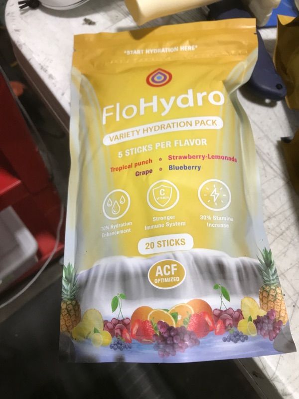 Photo 2 of FloHydro Electrolytes Powder | Low Sugar Hydration Packets | tropical punch, grape, strawberry-lemonade, blueberry | 20 Sticks
Exp 112/02/2025