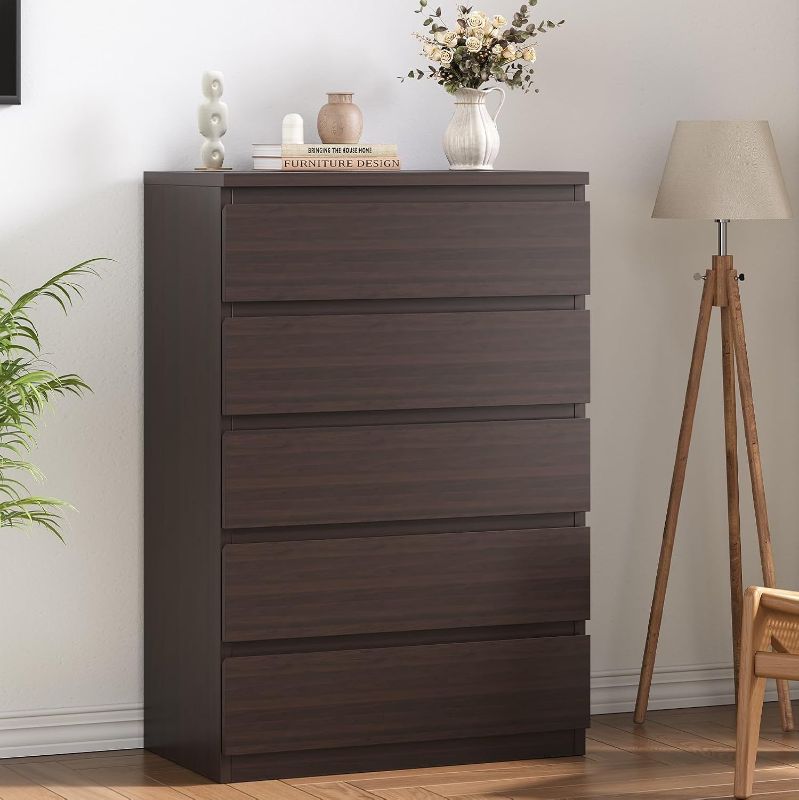 Photo 1 of 5 Drawer Dresser for Bedroom, Simply Modern Chest of Drawers, Wood Storage Dresser with Deep Drawers for Living Room Hallway Entryway, Retro Brown
