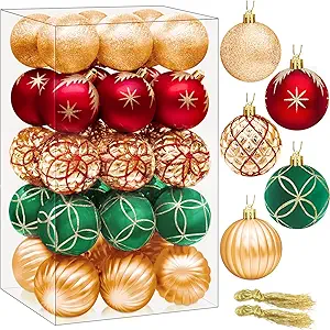 Photo 1 of DeckTheHalls 30PCS Christmas Ornaments for Valentines Day Tree Decorations, 2.36”/60mm Christmas Tree Decoration Plastic Ornaments Set Hanging Balls (Red & Green & Deep Champagne)
