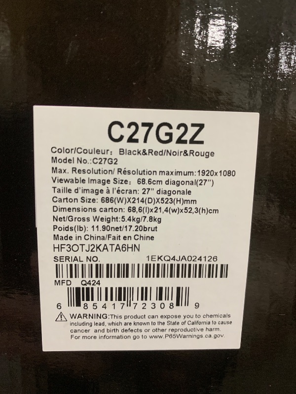 Photo 4 of AOC C27G2Z 27" Curved Frameless Ultra-Fast Gaming Monitor, FHD 1080p, 0.5ms 240Hz, FreeSync, 2x HDMI 2.0, 1x Display Port, Height Adjustable, Xbox PS5 Switch Ready, 3-Year Zero-Bright-Dot