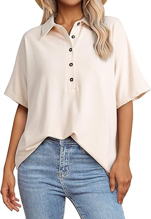 Photo 1 of SHEWIN Women's Polo Shirts Casual Collared Short Sleeve Shirt Loose V Neck Tunic Tops LARGE