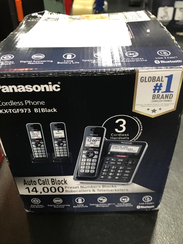 Photo 2 of Panasonic Cordless Phone with Advanced Call Block, Link2Cell Bluetooth, One-Ring Scam Alert, and 2-Way Recording with Answering Machine, 3 Handsets - KX-TGF973B (Black with Silver Trim)