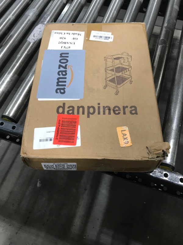 Photo 1 of danpinera 3-Tier Rolling Cart, Metal Rolling Storage Cart with Lockable Wheels & Hanging Cups & Hooks, Mobile Trolley Cart for Kitchen, Bathroom, Office, Workshop, White