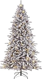 Photo 1 of Puleo International 7.5 Foot Pre-Lit Flocked Pencil Portland Pine Artificial Christmas Tree with 350 UL Listed Clear Lights, White