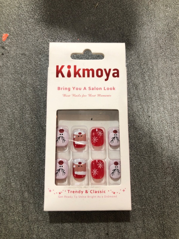 Photo 2 of Kikmoya Christmas Fake Nails Square Press on Nails Short with Red Santa Reindeer Snowflake Design Squoval Jelly Glossy False Nails 24pcs Acrylic Stick on Nails for Women