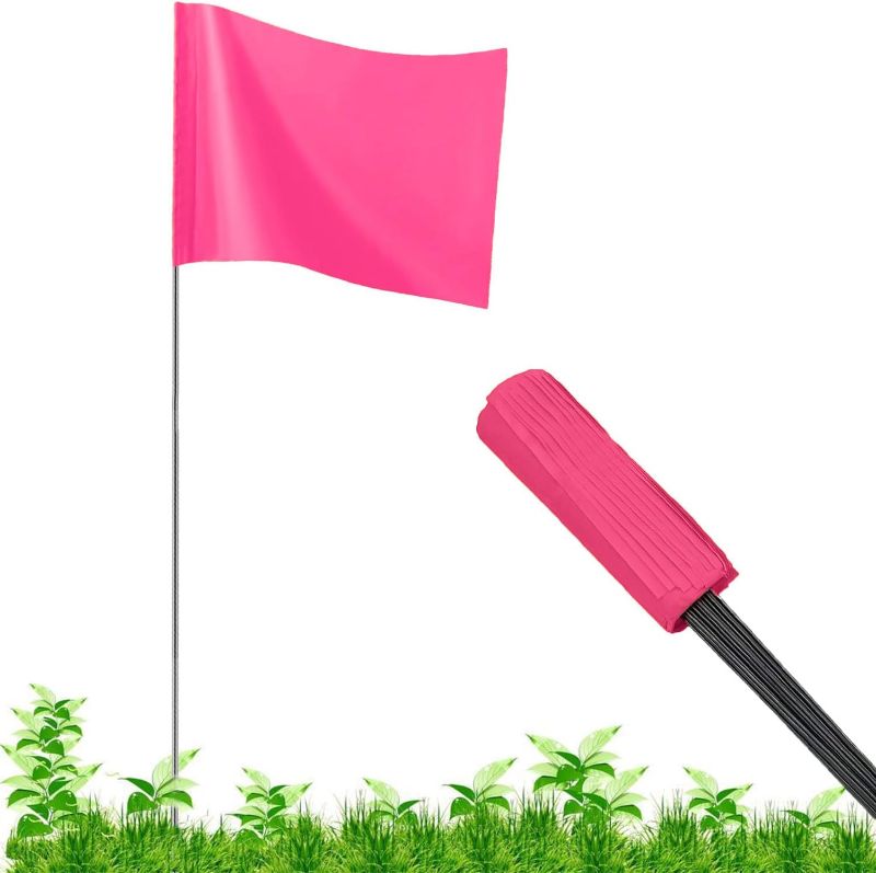 Photo 1 of 100Pack Pink Marking Flags, JIZHGRAD Yard Flgas,16x4x5 Marker Flags, Lawn Flags,Dog Training Flags,Survey Flags, Landscape Flags, Sprinkler Flags, Surveyor Flags, Stake Flags