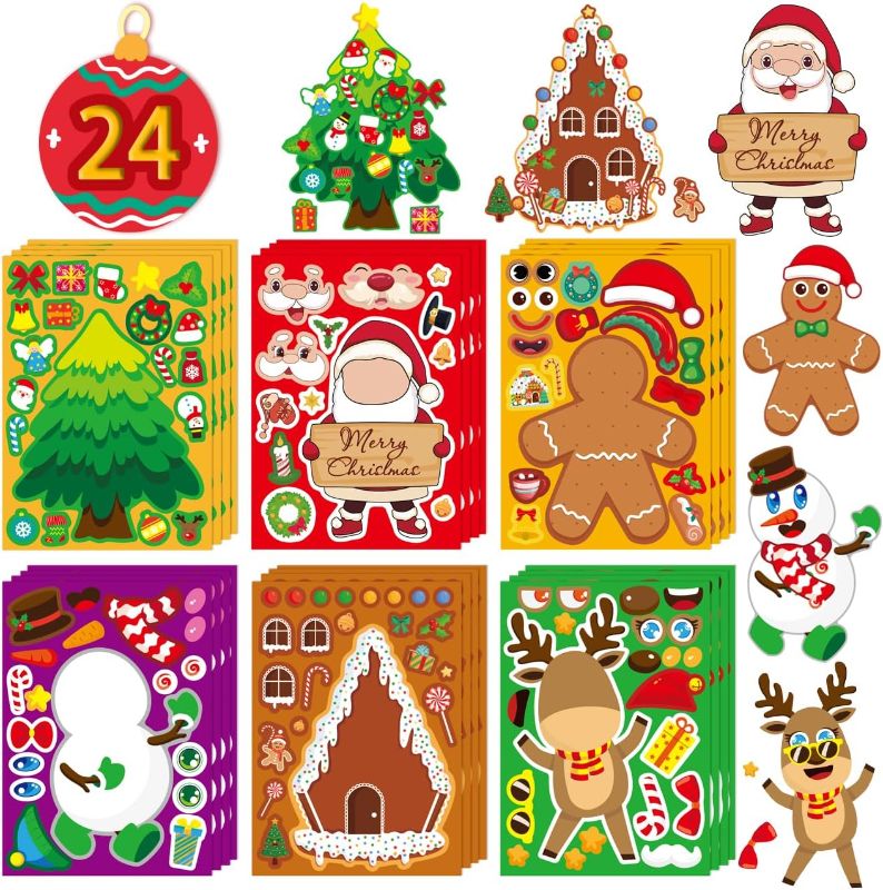 Photo 1 of Christmas Stickers for Kids Stocking Stuffers: 24 Sheets Make Sticker Yourself Christmas Santa Snowman Stickers for Kids Christmas Crafts Party Supplies Holiday Stickers Bulk Classroom Activities