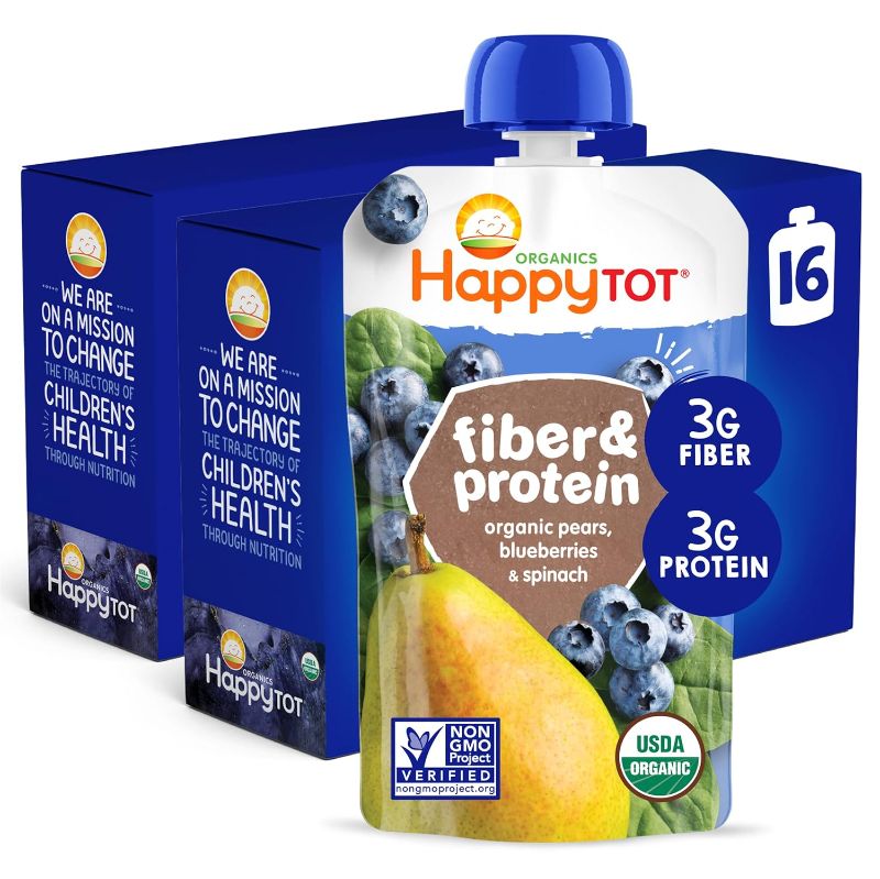 Photo 1 of Happy Tot Organics Stage 4 Baby Food Pouches, Gluten Free, Vegan Snack, Fiber & Protein Fruit & Veggie Puree, Pears, Blueberries & Spinach, 4 Ounce (Pack of 16)
