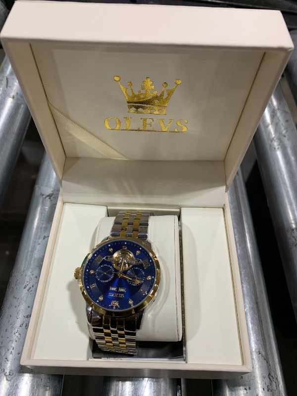 Photo 1 of OLEVS Men Automatic Watch Skeleton Mechanical Classic Luxury Business Diamond Stainless Steel Waterproof Luminous Date Calendar Blue Wrist Watches