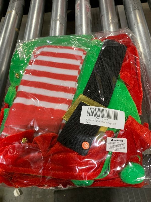 Photo 2 of REIWIDE Kids Girl Christmas Elf Costume: Velvet Dress Santa Helper Costume Xmas Festive Outfit - Hat Shoes Belt Striped Stockings (10-11)