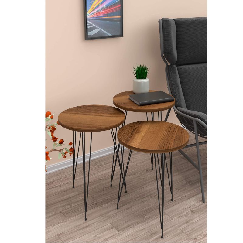 Photo 1 of PAK HOME Set of 3 Walnut Nesting End Tables Round Wood Stacking Coffee Side Accent Table with Metal Legs for Living Room, Home Office, Nightstands for Bedroom