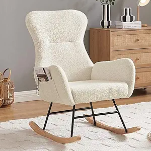 Photo 1 of hansones Teddy Rocking Chair Nursery, Modern Teddy Fabric Nursing Chair for Mom and Baby, Accent Upholstered Rocker Glider Chair with High Backrest for Nursery, Living Room, Bedroom (Cream White)