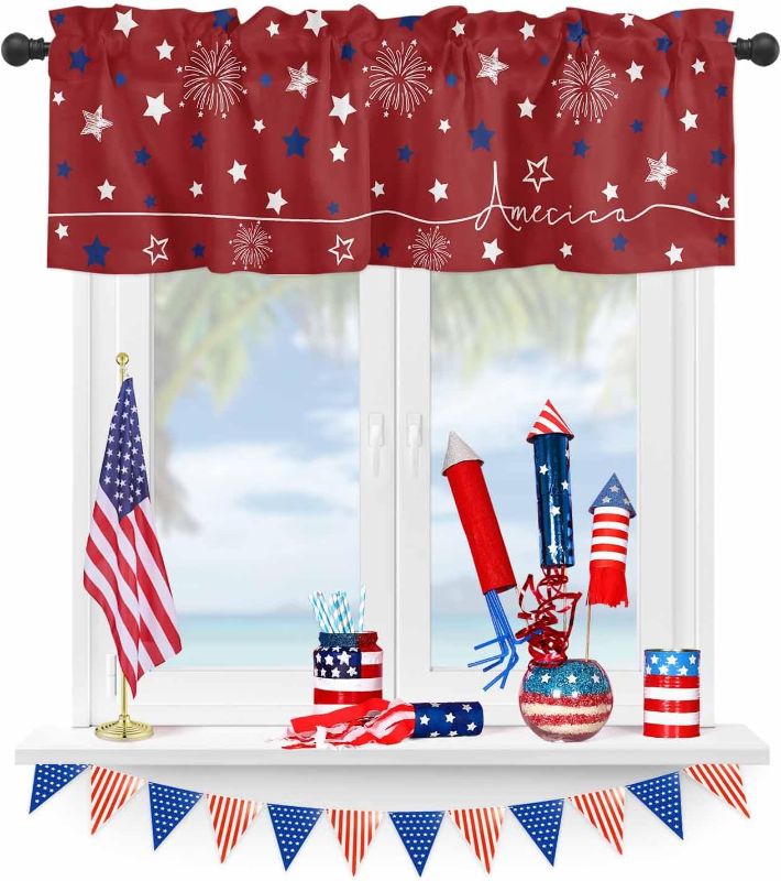 Photo 1 of 4th of July Kitchen Cafe Valance Curtain for Small Windows,America White Blue Star Rod Pocket Short Blackout Curtains,Celebration on Red Darkening Window Treatment for Living Room Bedroom Bathroom
