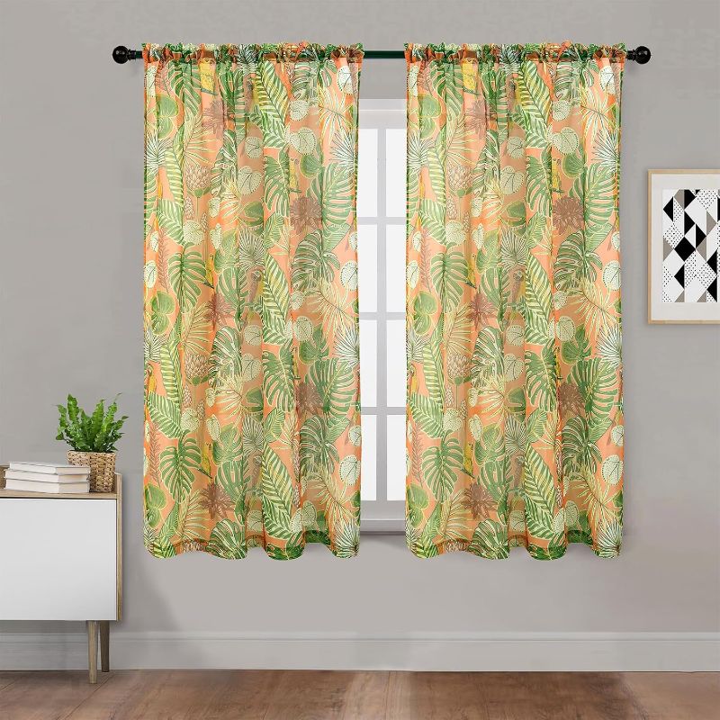 Photo 1 of Tony's collection Christmas Print Curtains 95 inches Long Privacy Sheer Living Room Balcony Privacy Botanical Semi Sheer Curtain Panels for Bedroom Patio Hotel(52x95 Inch, Forest Bird Green,2 Panels)