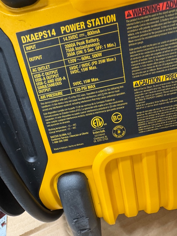 Photo 1 of *UNABLE TO TEST** DEWALT DXAEJ14-Type2 Digital Portable Power Station Jump Starter - 1600 Peak Amps with 120 PSI Compressor, AC Charging Cube, 15W USB-A and 25W USB-C Power for Electronic Devices