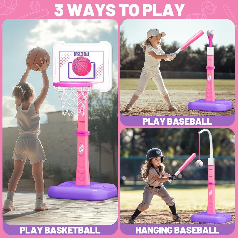 Photo 1 of 3 in 1 Kids Basketball Hoop and T Ball Set, Adjustable Height Toddler Basketball Hoop, Hanging Tee Baseball, Indoor Outdoor Sports Toys Gifts for Toddlers Boys Girls Ages 3 4 5 Year?Pink
