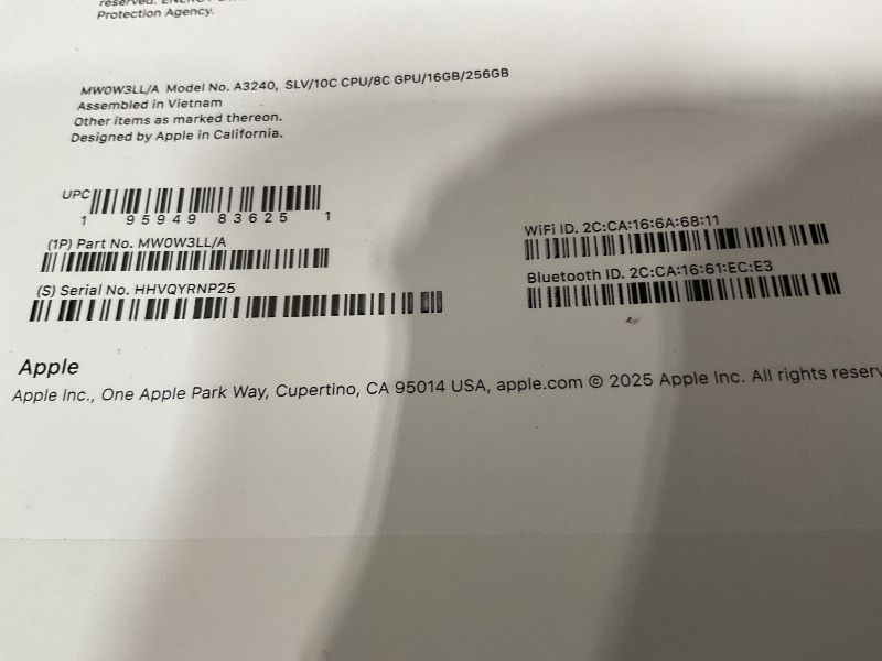 Photo 1 of *CHECK NOTES*  Apple 2025 MacBook Air 13-inch Laptop with M4 chip: Built for Apple Intelligence, 13.6-inch Liquid Retina Display, 16GB Unified Memory, 256GB SSD Storage, 12MP Center Stage Camera, Touch ID; Silver
