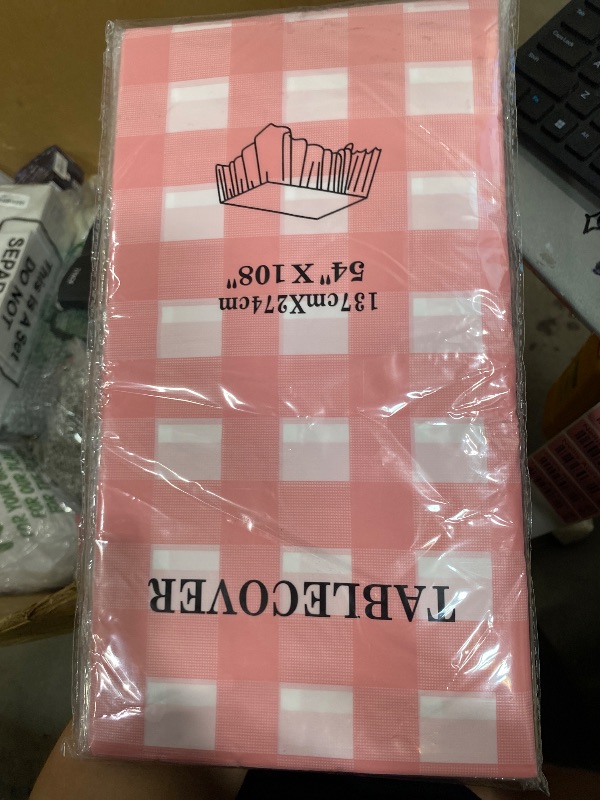Photo 1 of 4 Pcs Pink Gingham Tablecloth 54 × 108 Inches Pink and White Checkered Table Cloth Disposable Plastic Waterproof Tablecover for Outdoor Picnic, Birthday Party, Holiday Dinner