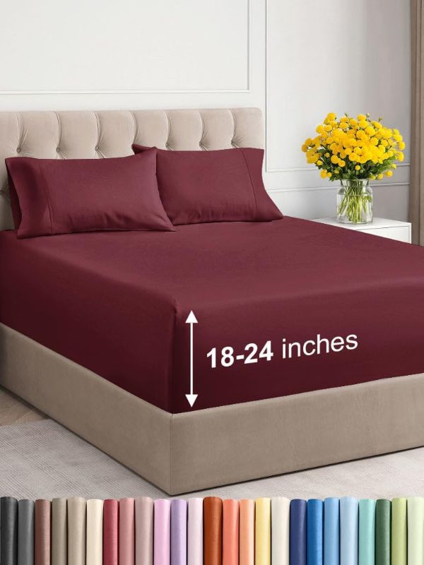 Photo 1 of (BURGUNDY) Extra Deep Pocket Queen Sheets - 4 Piece Breathable & Cooling Bed Sheets - Hotel Luxury Bed Sheet Set - Soft, Wrinkle Free & Comfy - Easily Fits Extra Deep Mattresses - Deep Pocket red Sheets Set