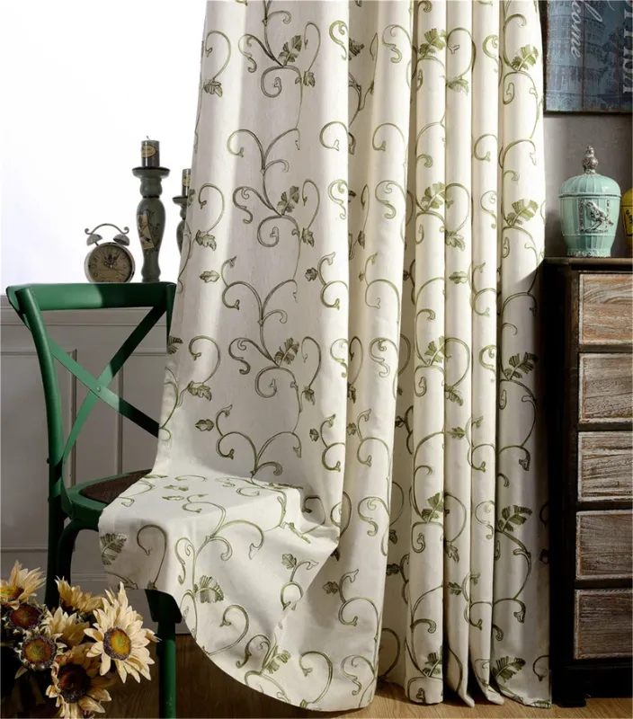 Photo 1 of (1 panel) Grey Green Branches Vines Florals Embroidered on Beige Linen Cotton Blackout Curtains,Blackout Curtain Panels ,CustomLiving Room Decor
