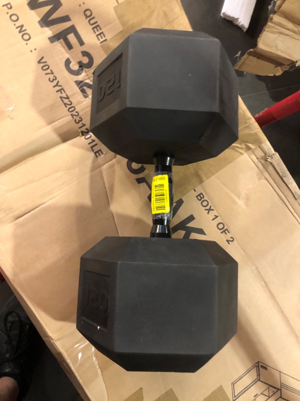 Photo 1 of ***DAMAGED - CHUNKS OF RUBBER BROKEN OFF - SEE PICTURES***
CAP Barbell 120 LB Coated Hex Dumbbell Weight with Black Handle