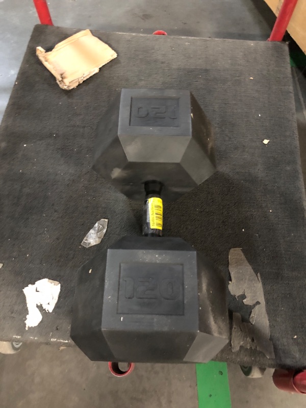 Photo 1 of ***DAMAGED - CHUNKS OF RUBBER BROKEN OFF - SEE PICTURES***
CAP Barbell 120 LB Coated Hex Dumbbell Weight with Black Handle