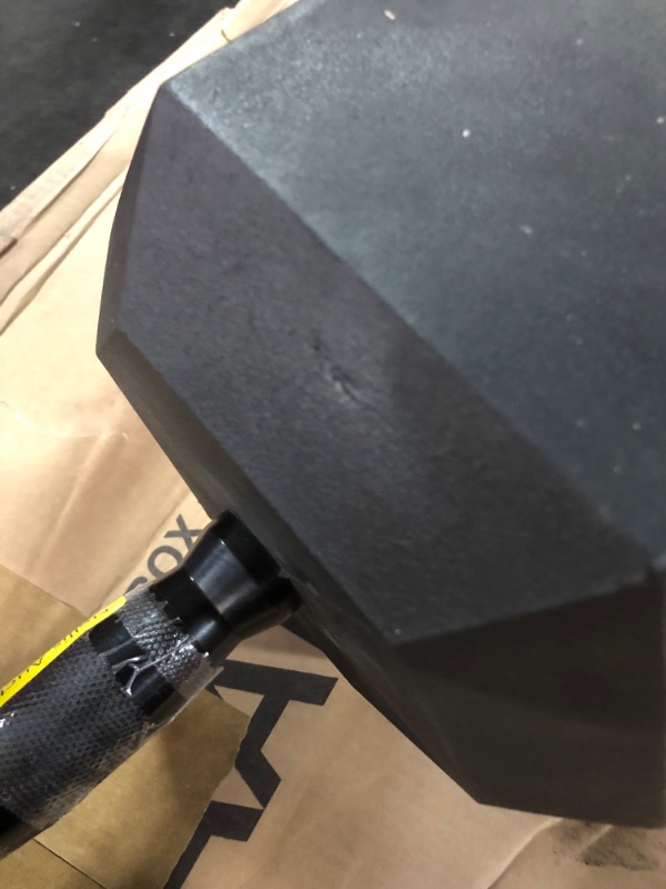 Photo 1 of ***DAMAGED - CHUNKS OF RUBBER BROKEN OFF - SEE PICTURES***
CAP Barbell 120 LB Coated Hex Dumbbell Weight with Black Handle