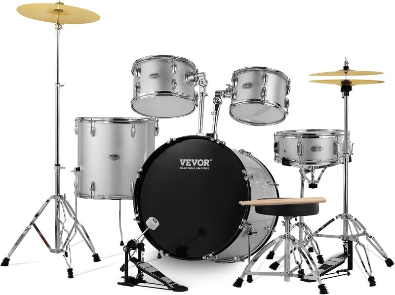 Photo 1 of ***DAMAGED BASS DRUM & SNARE HEAD*** (Parts, Unkown missing items) VEVOR Adult Drum Set, 5-Piece, 22 inches Complete Full Size Drum Kit with Bass Toms Snare Floor Drum Adjustable Throne Stands Cymbal Hi-Hat Pedal and Drumsticks, Beginner Drum Kit for Adul