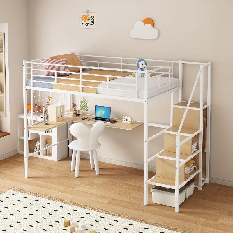 Photo 1 of ***PARTS ONLY***
Metal Loft Bed with L-Shaped Desk and Storage Wardrobe,Twin Size Heavy Duty Bedframe w/Stairs + Metal Grid & Guardrail, Space-Saving, Noise Free, No Box Spring Needed,White
